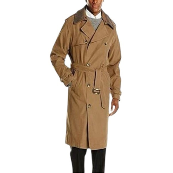 London Fog Double Breasted Tan Trench Coat Size 40 Short Lined w/ Suede Collar - Picture 1 of 11